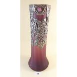 An Art Nouveau pewter overlaid purple glass vase decorated horse chestnuts