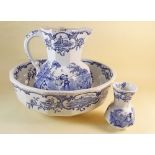 A Mason's three piece blue and white toiletry set with printed Watteau scene
