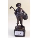 R W Lange (1879 - 1944) - bronze figure of a boy with basket and umbrella, on marble plinth - 15cm