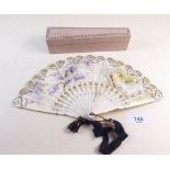 A small Edwardian painted ivory fan - boxed