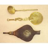 Two brass skimmers with a pair of bellows with brass horse plaque