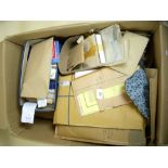 A large box of stamps in packets with FDC's, catalogues, Commonwealth stamp booklets (including