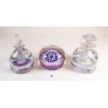 A millefiori glass paperweight inkwell and another a/f and a large millefiori glass paperweights