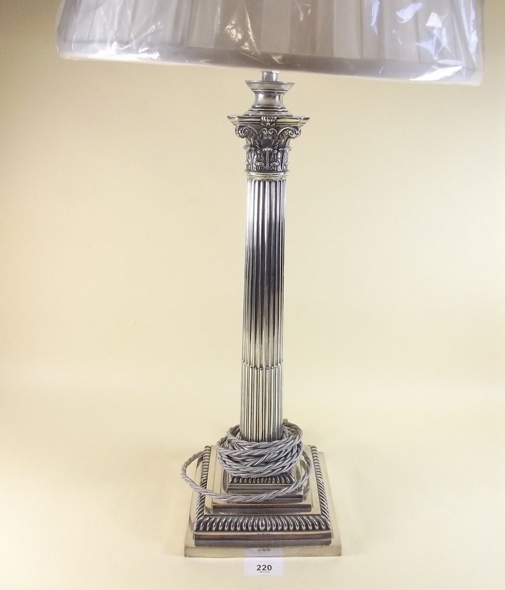 A Sheffield plated corinthium column table lamp and shade - 41cm