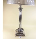 A Sheffield plated corinthium column table lamp and shade - 41cm