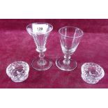Two Victorian drinking glasses and a pair of cut glass salts