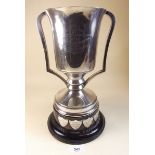 A large silver trophy cup on stand with engraved inscription, Chester 1935 - 830g