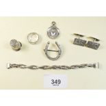 A silver wedding ring inset diamonds, silver cufflinks, thimble, medal etc