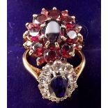 A 9 carat gold garnet cluster ring, size M and a 9 carat gold dress ring, size L