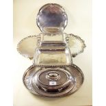 Four silver plated trays and two entree dishes