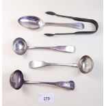 Three Scottish silver toddy ladles, spoon and silver sugar tongs - 170g