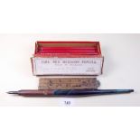 A part box of Clements 'Fine Red Hexagonal Pencils', a giant size dip pen and a folding Rabone rule