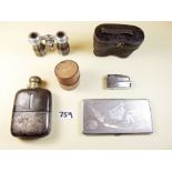 A pair of opera glasses, spirit flask, stud box, cigarette lighter etc