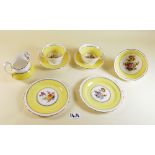 A New Chelsea yellow floral teaset comprising: six cups and saucers (1 a/f), six tea plates, jug and
