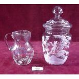 A Mary Gregory glass jar and cover and a Victorian jar with painted decoration