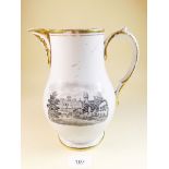An early 19th century porcelain jug with black printed country house views - 19cm