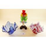 A Murano glass clown and two handkerchief vases