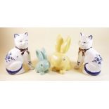 Two Sylvac rabbits and two reproduction Staffordshire style cats