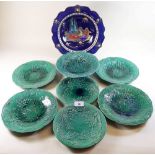 A group of six green leaf plates, a green leaf comport and an Arcadian Ware 'Blue Lagoon' dish (foot