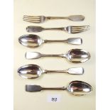 Four silver dessert spoons and two forks by Thomas Hart Stone, Exeter 1867 - 290g