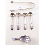 A pair of silver bright cut sugar tongs, a silver caddy spoon plus four silver plated salt spoons