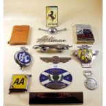 Various car badges, Jaguar car mascot and two Observer books on locomotives