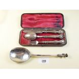 A silver apostle spoon, 56g and a silver Christening set, Birmingham 1847 - cased