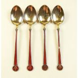 Four silver and red enamel small coffee spoons