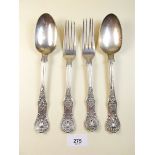 A pair of Victorian silver tablespoons and forks in Kings Pattern, London 1879 and 1877 by Chawner