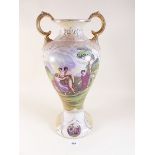 A Victorian pottery two handled vase printed mythological scene 38cm tall