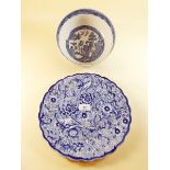 A Wedgwood Willow fruit bowl and a blue and white floral cake plate
