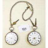 Two silver pocket watches and a silver plated fob chain