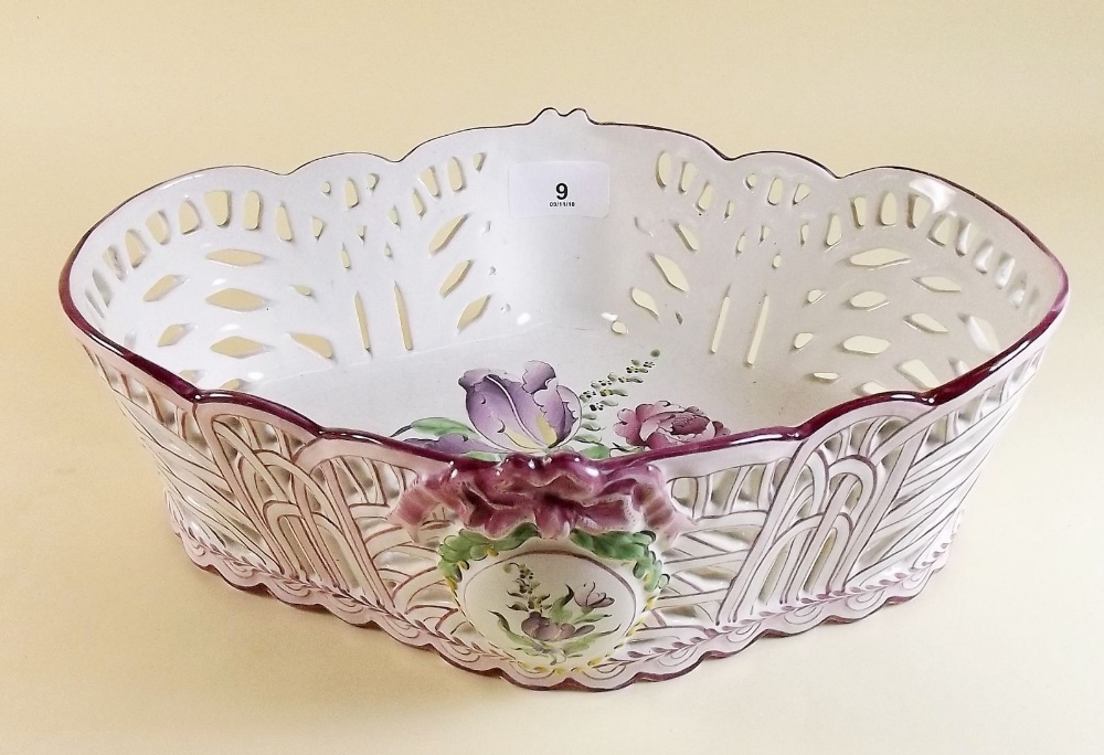 A St Clement Luneville faience basket painted floral decoration circa 1870, 29 x 20cm