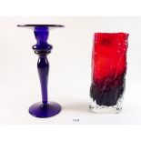 A Whitefriars red textured glass bark vase and a blue glass candlestick
