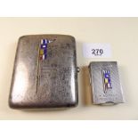 A silver and enamel Goldsmiths and Silversmiths cigarette case and lighter with flag decoration