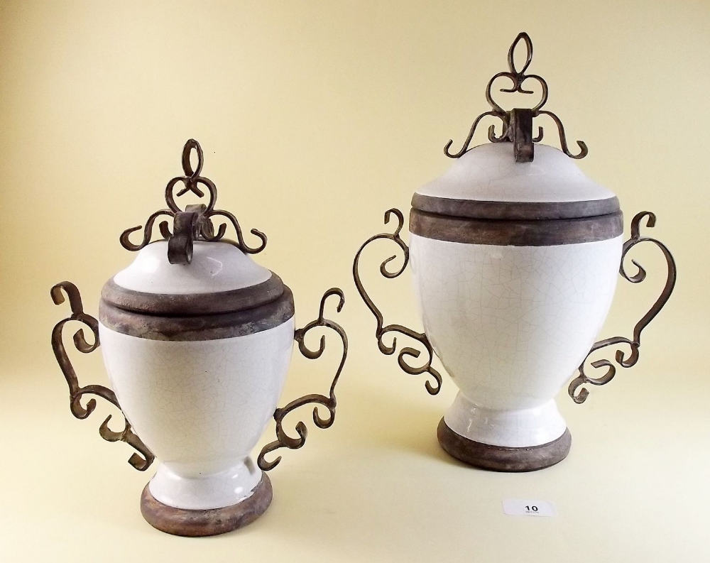 Two crackle glaze metal mounted lidded vases - tallest 34cm