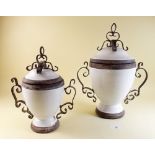 Two crackle glaze metal mounted lidded vases - tallest 34cm
