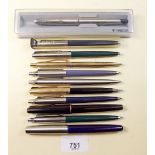 Three Parker ink pens, seven Parker biros and a pencil
