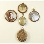 Two Victorian pinchbeck lockets and three open face lockets