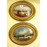 A pair of Victorian oval reverse-painted on glass landscapes, in gilt frames - 20 x 145cm