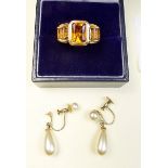 An 18 carat gold ring set orange stones size L and a pair of 9 carat gold 'pearl' pendant earrings