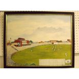 Four cricket themed pictures including oil of Old Trafford 34 x 44cm