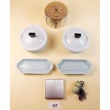 A compact, moneybox and plastic vintage dressing table set