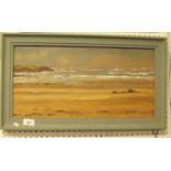 J Adams - oil on board beach scene with waves - 24 x 49cm