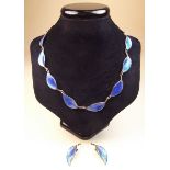 A David Andersen silver and blue enamel leaf necklace and earrings