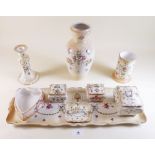 A Crown Devon part dressing table set on tray, pattern no. 0724 plus vase, toothbrush mug etc