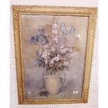 An oil on board still life delphiniums and garden flowers - 63 x 45cm