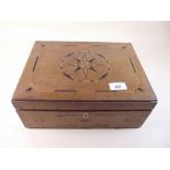 An oak jewellery or work box with marquetry decoration and lift-out tray