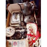 Two silver plated entree dishes and various other silver plated items