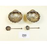 A pair of silver shell form salts and matching spoons, Birmingham 1896, by Henry Williamson Ltd